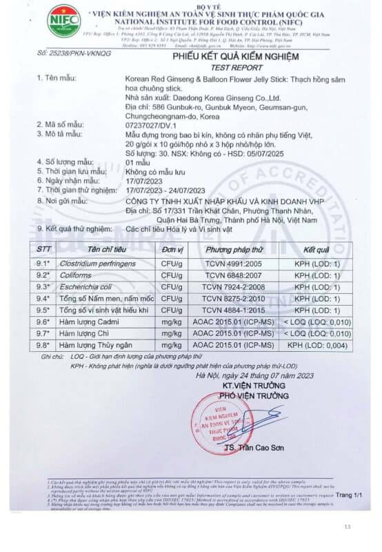 Hồng Sâm Hoa Chuông Daedong 20g x 30 Stick Dạng Thạch Cao Cấp Hàn Quốc 8 Hồng sâm Daedong dạng thạch kiểm nghiệm